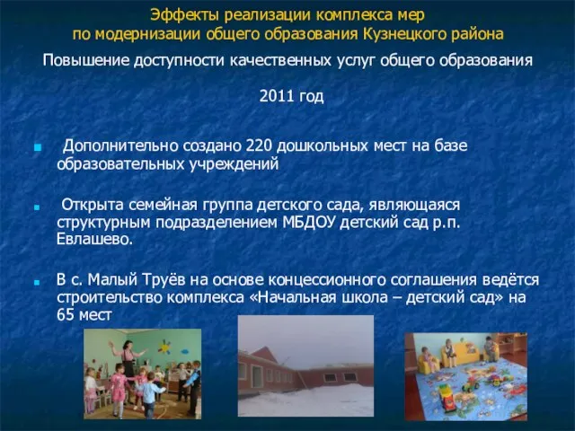 2011 год Дополнительно создано 220 дошкольных мест на базе образовательных учреждений Открыта