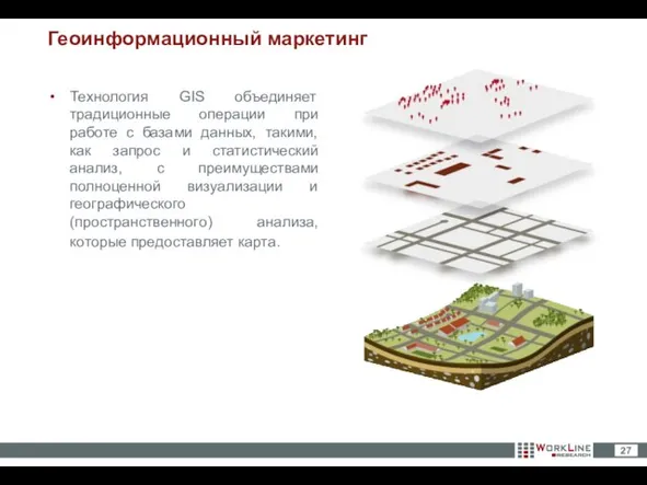 Геоинформационный маркетинг Технология GIS объединяет традиционные операции при работе с базами данных,