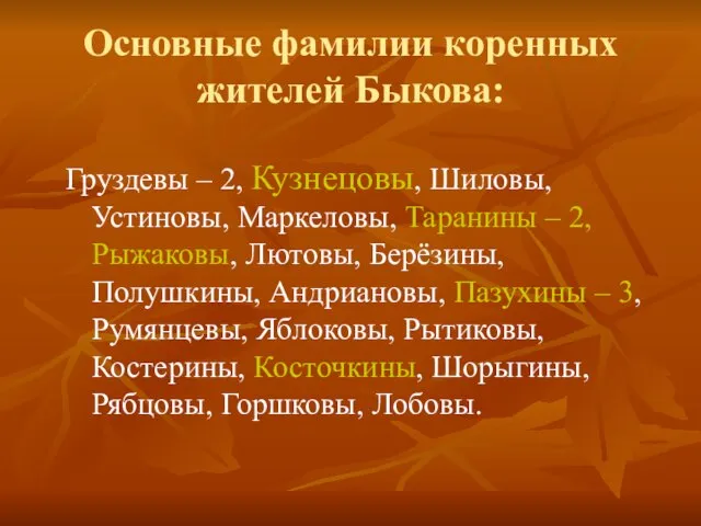 Основные фамилии коренных жителей Быкова: Груздевы – 2, Кузнецовы, Шиловы, Устиновы, Маркеловы,