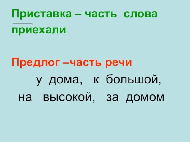 Приставка – часть слова приехали Предлог –часть речи у дома, к большой, на высокой, за домом