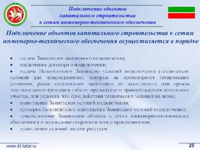 Подключение объектов капитального строительства к сетям инженерно-технического обеспечения 25 www.kt.tatar.ru Подключение объектов