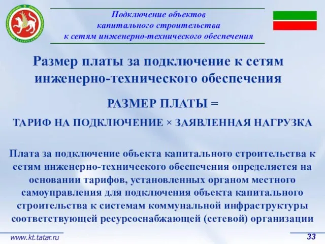 Подключение объектов капитального строительства к сетям инженерно-технического обеспечения 33 www.kt.tatar.ru Размер платы