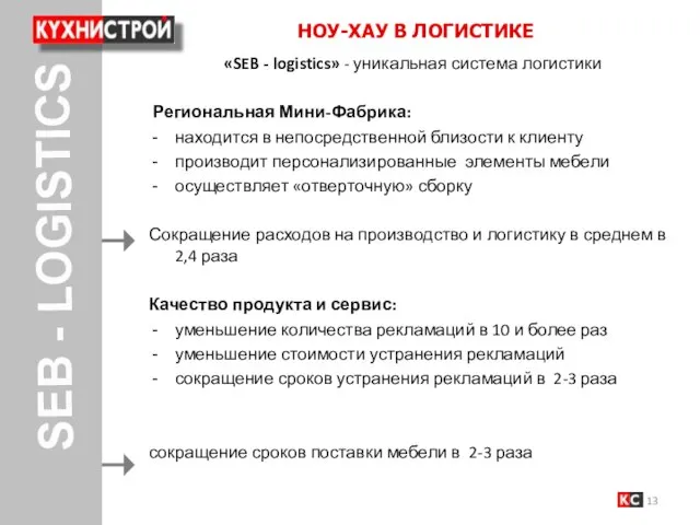 SEB - LOGISTICS «SEB - logistics» - уникальная система логистики Региональная Мини-Фабрика: