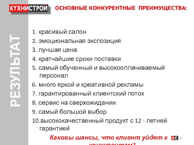 РЕЗУЛЬТАТ ОСНОВНЫЕ КОНКУРЕНТНЫЕ ПРЕИМУЩЕСТВА: 1. красивый салон 2. эмоциональная экспозиция 3. лучшая