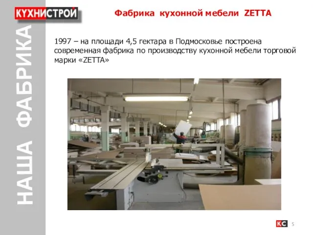 НАША ФАБРИКА Фабрика кухонной мебели ZETTA 1997 – на площади 4,5 гектара