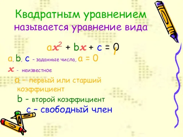 Квадратным уравнением называется уравнение вида ax2 + bx + c = 0