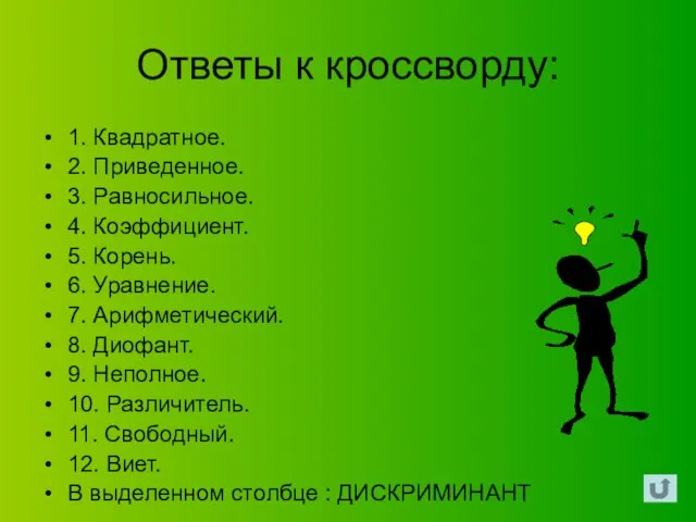 Ответы к кроссворду: 1. Квадратное. 2. Приведенное. 3. Равносильное. 4. Коэффициент. 5.