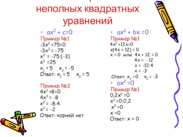 Способы решения неполных квадратных уравнений ах2 + c=0 Пример №1 -3х2 +75=0