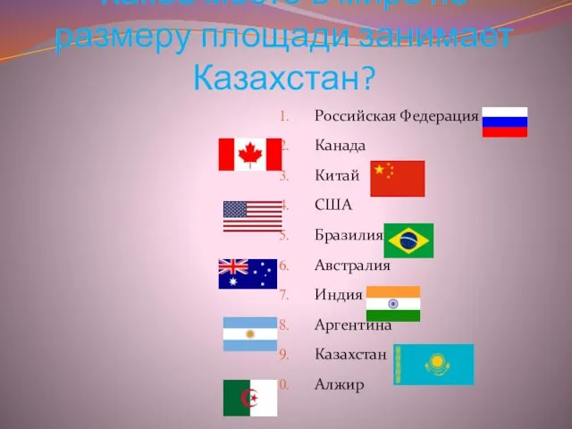 Какое место в мире по размеру площади занимает Казахстан? Российская Федерация Канада