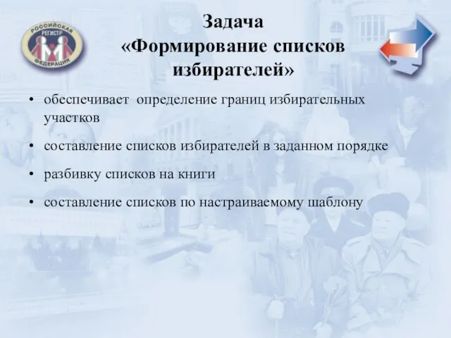 Задача «Формирование списков избирателей» обеспечивает определение границ избирательных участков составление списков избирателей