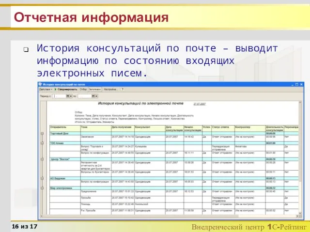 Отчетная информация История консультаций по почте – выводит информацию по состоянию входящих электронных писем.