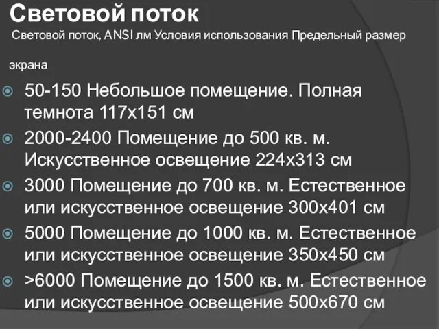 Световой поток Световой поток, ANSI лм Условия использования Предельный размер экрана 50-150