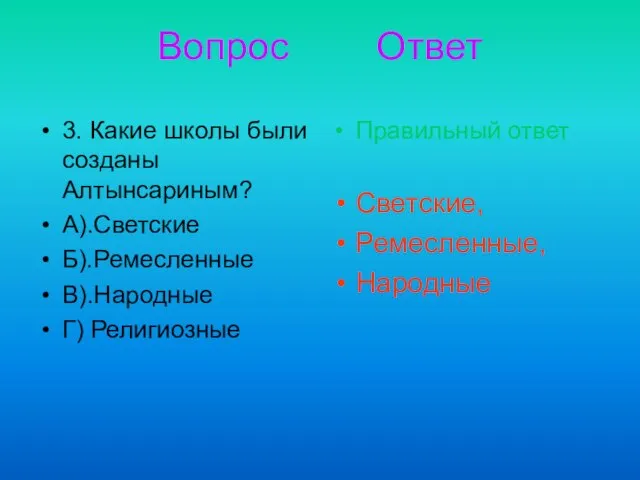 Вопрос Ответ 3. Какие школы были созданы Алтынсариным? А).Светские Б).Ремесленные В).Народные Г)