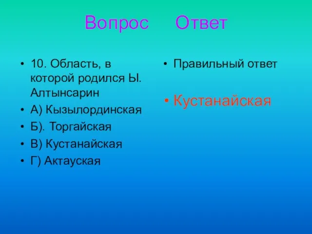 Вопрос Ответ 10. Область, в которой родился Ы.Алтынсарин А) Кызылординская Б). Торгайская