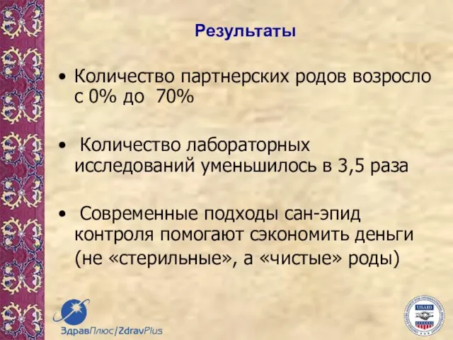 Результаты Количество партнерских родов возросло с 0% до 70% Количество лабораторных исследований