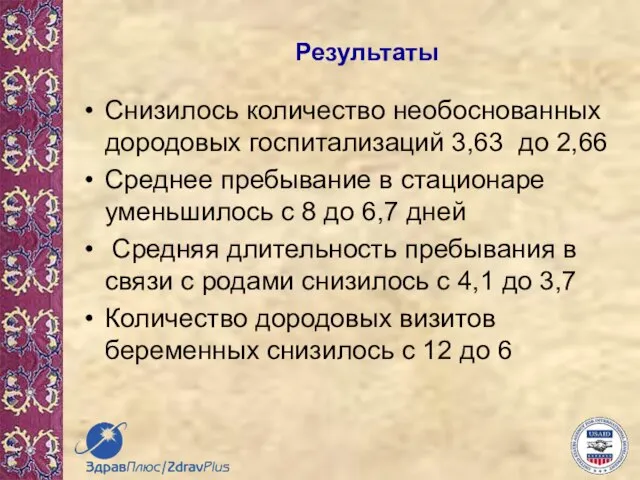 Результаты Снизилось количество необоснованных дородовых госпитализаций 3,63 до 2,66 Среднее пребывание в