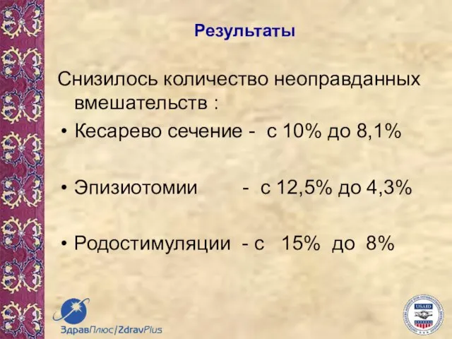 Результаты Снизилось количество неоправданных вмешательств : Кесарево сечение - с 10% до