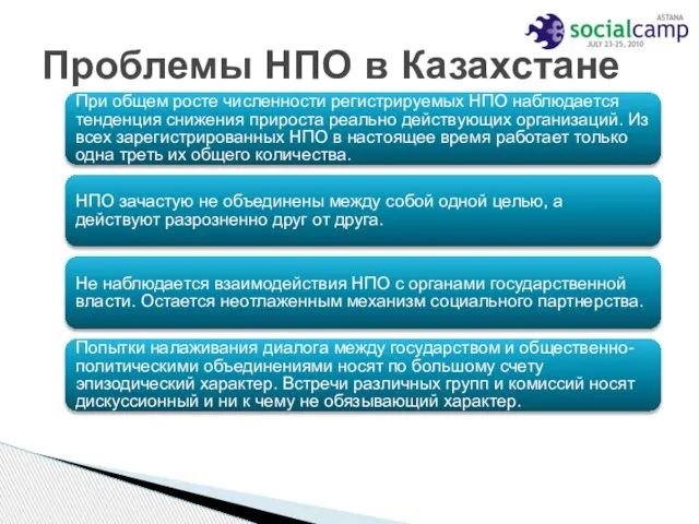 Проблемы НПО в Казахстане При общем росте численности регистрируемых НПО наблюдается тенденция