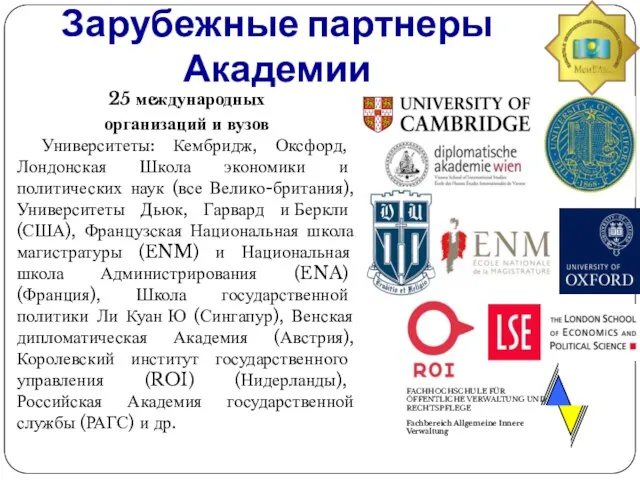 Зарубежные партнеры Академии 25 международных организаций и вузов Университеты: Кембридж, Оксфорд, Лондонская