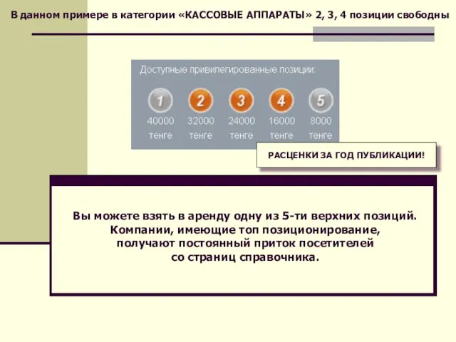 Вы можете взять в аренду одну из 5-ти верхних позиций. Компании, имеющие