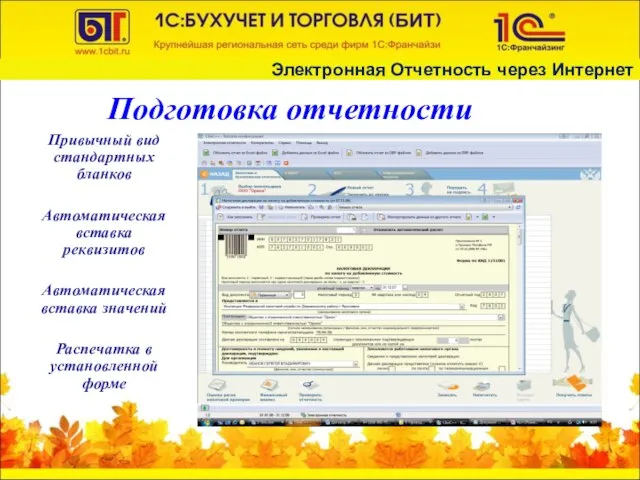 Подготовка отчетности Привычный вид стандартных бланков Автоматическая вставка реквизитов Автоматическая вставка значений