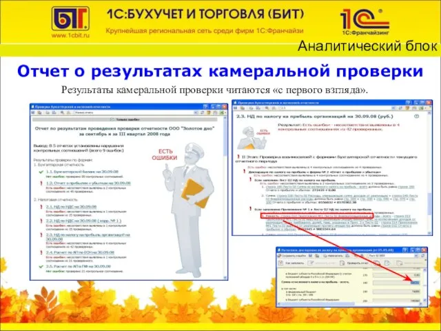 Отчет о результатах камеральной проверки Результаты камеральной проверки читаются «с первого взгляда». Аналитический блок