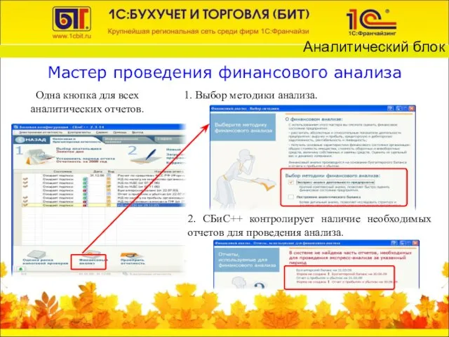 Мастер проведения финансового анализа Одна кнопка для всех аналитических отчетов. 1. Выбор