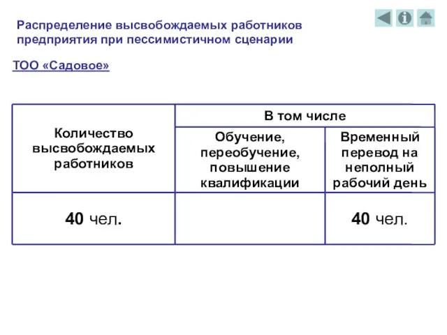 Распределение высвобождаемых работников предприятия при пессимистичном сценарии ТОО «Садовое»