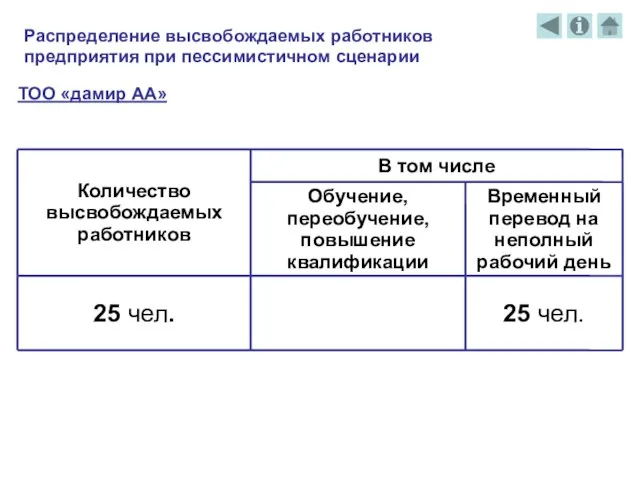 Распределение высвобождаемых работников предприятия при пессимистичном сценарии ТОО «дамир АА»