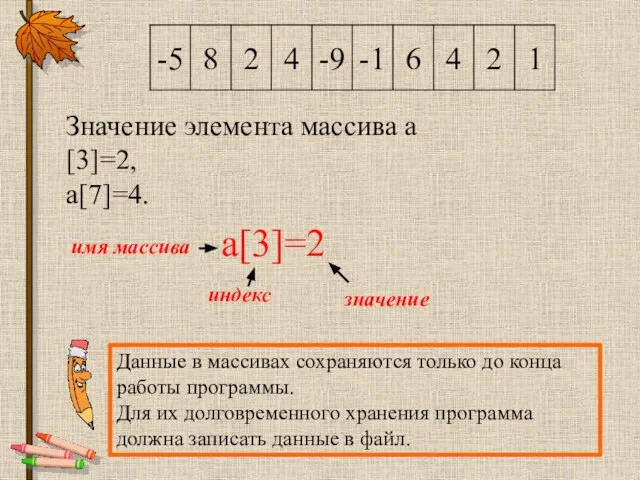 Значение элемента массива а[3]=2, а[7]=4. Данные в массивах сохраняются только до конца