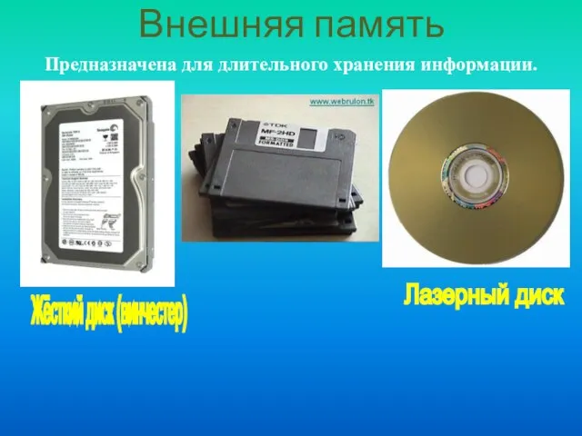 Внешняя память Предназначена для длительного хранения информации. Дискета Лазерный диск Жёсткий диск (винчестер)