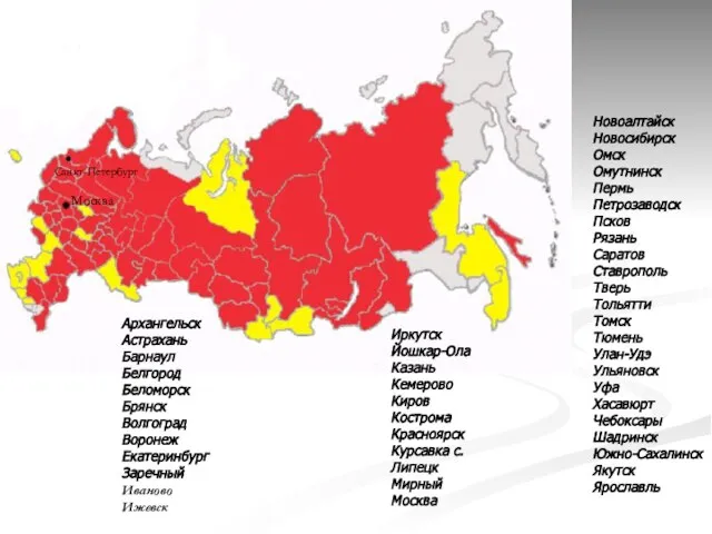 Архангельск Астрахань Барнаул Белгород Беломорск Брянск Волгоград Воронеж Екатеринбург Заречный Иваново Ижевск