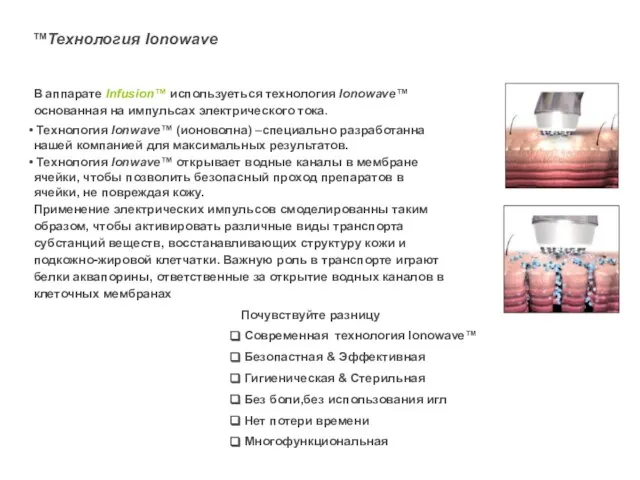 В аппарате Infusion™ используеться технология Ionowave™ основанная на импульсах электрического тока. Технология