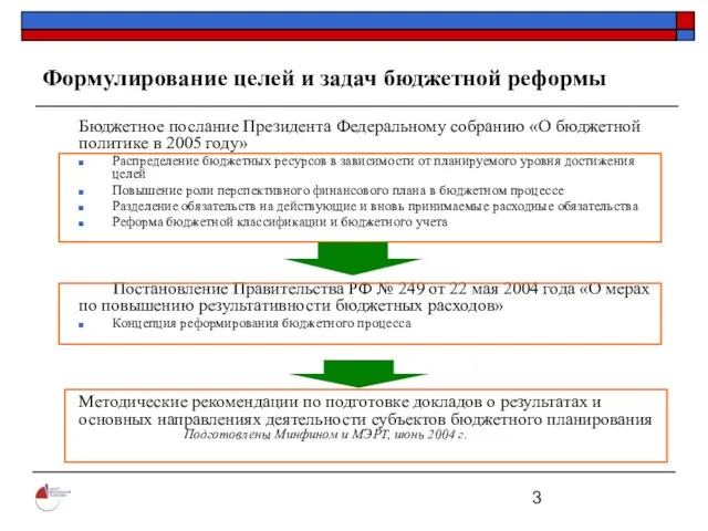 Формулирование целей и задач бюджетной реформы Бюджетное послание Президента Федеральному собранию «О