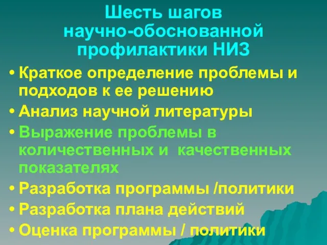 Шесть шагов научно-обоснованной профилактики НИЗ Краткое определение проблемы и подходов к ее