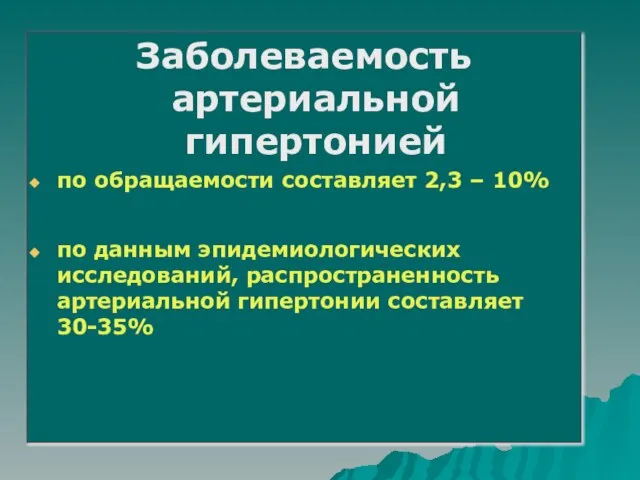 Заболеваемость артериальной гипертонией по обращаемости составляет 2,3 – 10% по данным эпидемиологических