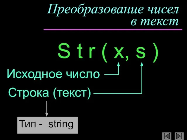 Преобразование чисел в текст S t r ( x, s ) Исходное