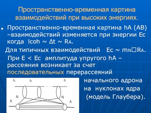 Пространственно-временная картина взаимодействий при высоких энергиях. Пространственно-временная картина hA (AB) –взаимодействий изменяется