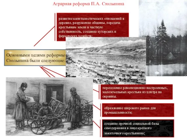 Аграрная реформа П.А. Столыпина Основными целями реформы Столыпина были следующие: развитие капиталистических