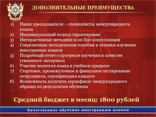 ДОПОЛНИТЕЛЬНЫЕ ПРЕИМУЩЕСТВА Наши преподаватели – специалисты международного класса Индивидуальный подход гарантирован Интерактивные