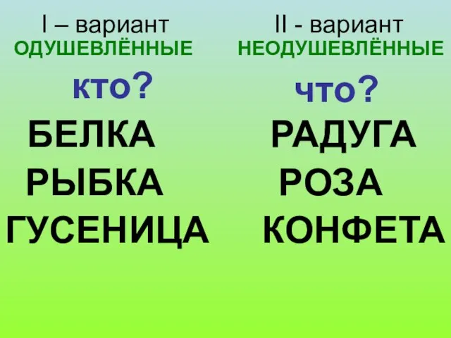 ОДУШЕВЛЁННЫЕ НЕОДУШЕВЛЁННЫЕ кто? что? I – вариант II - вариант БЕЛКА РАДУГА РЫБКА РОЗА ГУСЕНИЦА КОНФЕТА