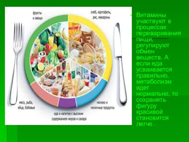Витамины участвуют в процессах переваривания пищи, регулируют обмен веществ. А если еда