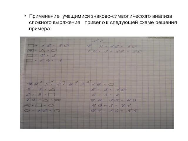 Применение учащимися знаково-символического анализа сложного выражения привело к следующей схеме решения примера: