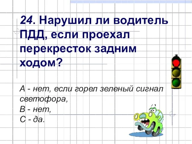 24. Нарушил ли водитель ПДД, если проехал перекресток задним ходом? А -