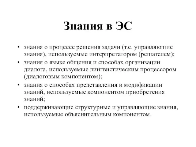 Знания в ЭС знания о процессе решения задачи (т.е. управляющие знания), используемые