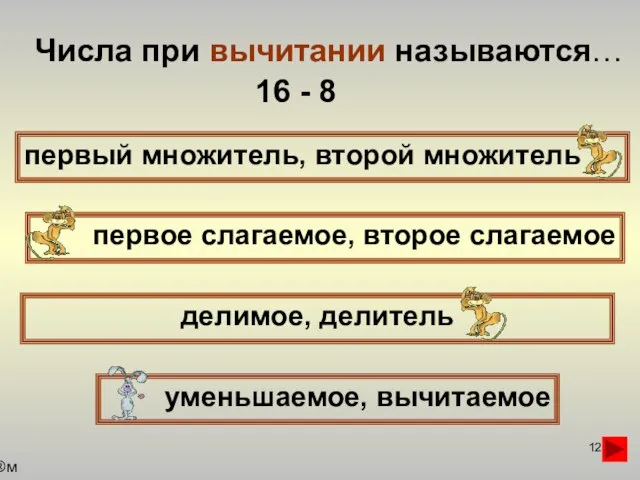 Числа при вычитании называются… первый множитель, второй множитель первое слагаемое, второе слагаемое