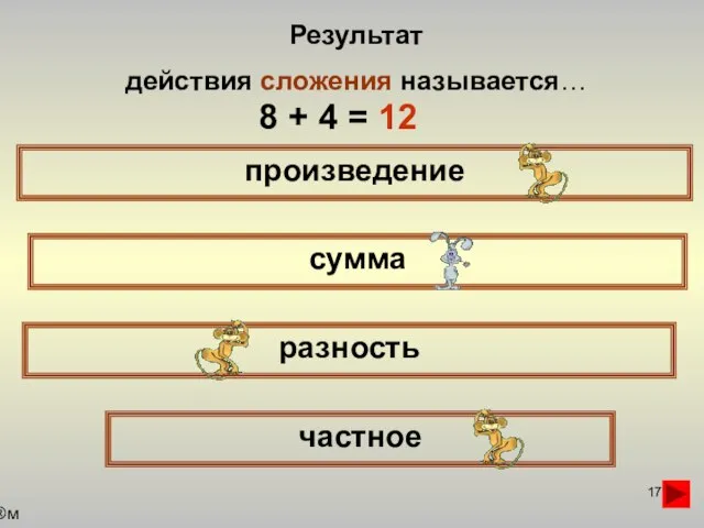 Результат действия сложения называется… произведение сумма частное разность м 8 + 4 = 12