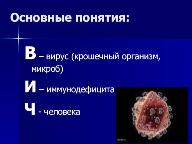 Основные понятия: В – вирус (крошечный организм, микроб) И – иммунодефицита Ч - человека