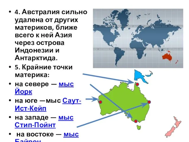 4. Австралия сильно удалена от других материков, ближе всего к ней Азия