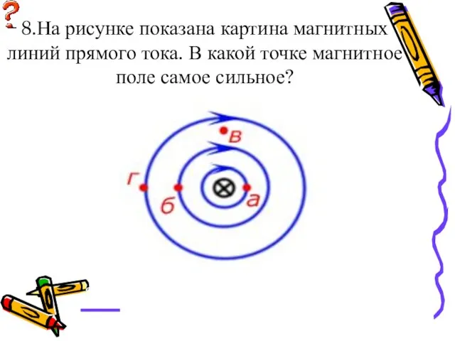 8.На рисунке показана картина магнитных линий прямого тока. В какой точке магнитное